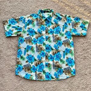 Jogal Shirt Mens XL Hawaiian Tropical White Blue Floral Short Sleeve Button Up